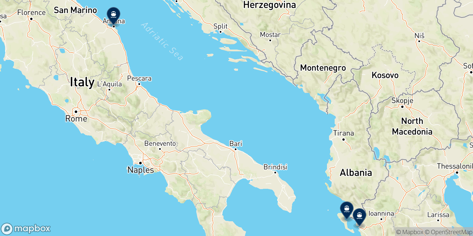 Carte des destinations Minoan Grimaldi Euromed