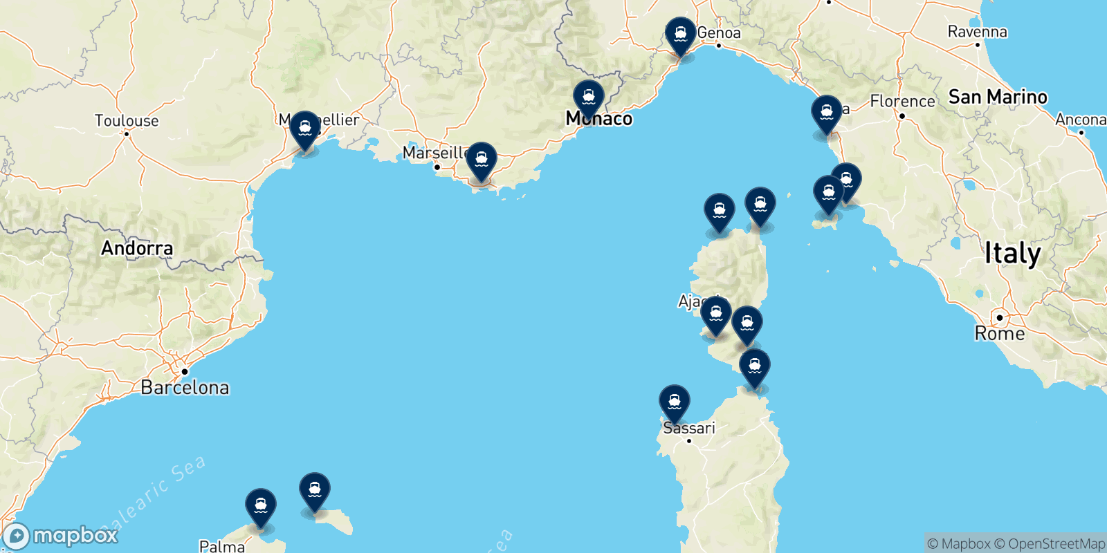 Carte des destinations Corsica Sardinia Ferries