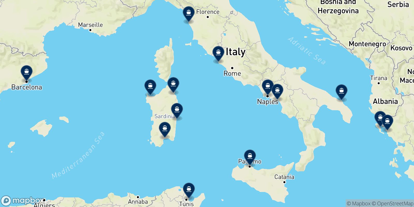 Carte des destinations Grimaldi Lines