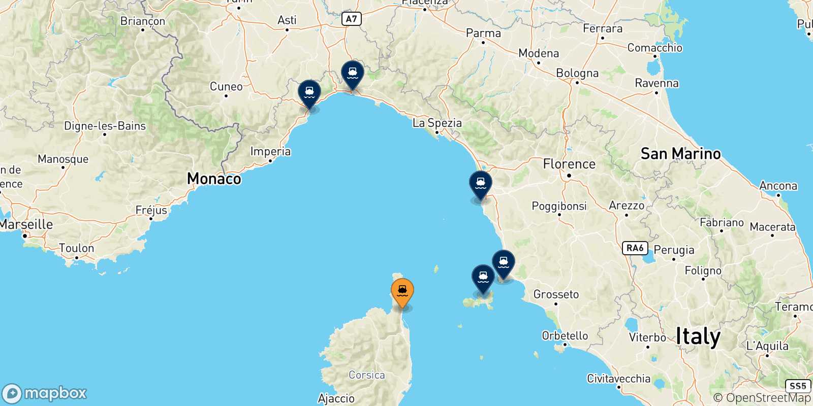 Carte des traversées possibles entre Bastia et l'Italie