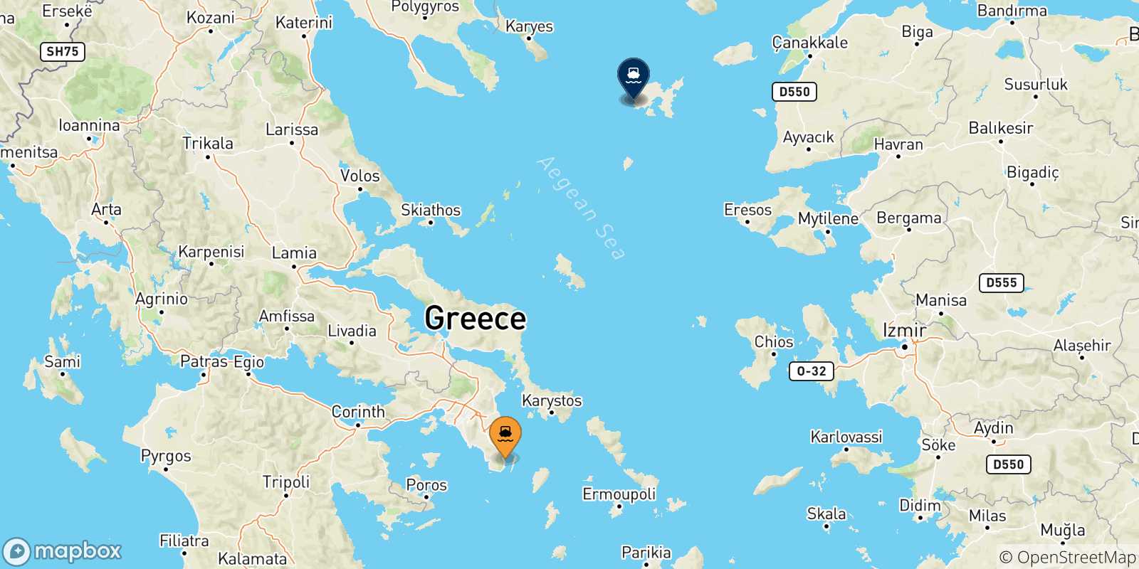 Carte des traversées possibles entre Lavrio et les Îles Égéennes