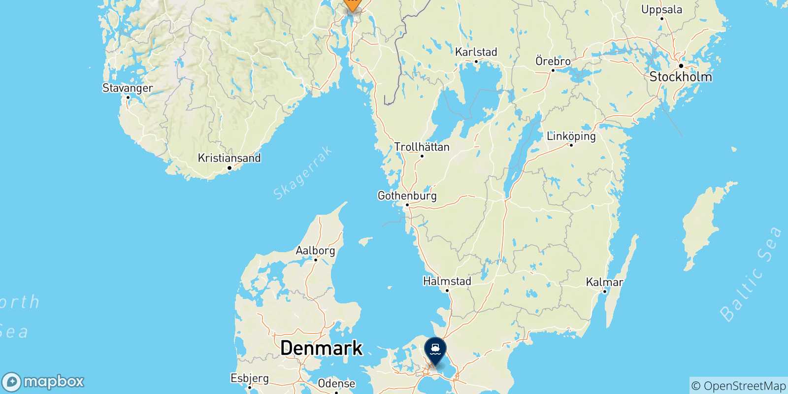 Carte des traversées possibles entre la Norvège et Copenhague