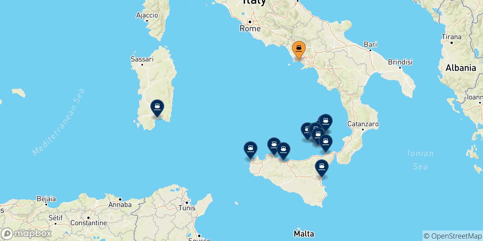 Carte des traversées possibles entre Naples et l'Italie