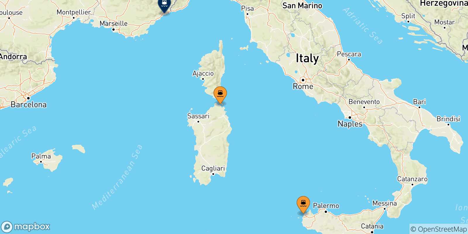 Carte des traversées possibles entre l'Italie et Nice