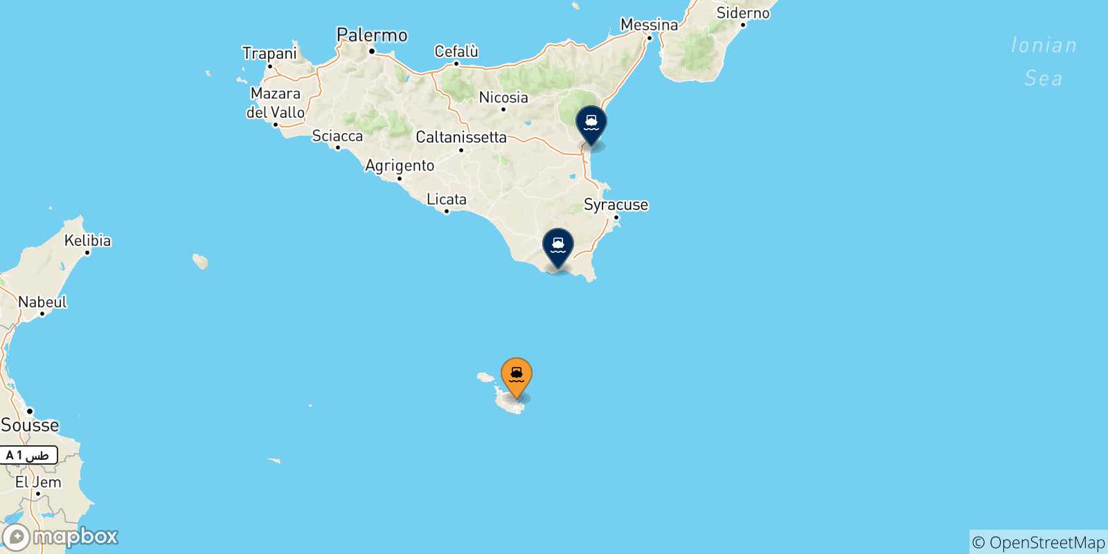 Carte des traversées possibles entre Malte et la Sicile