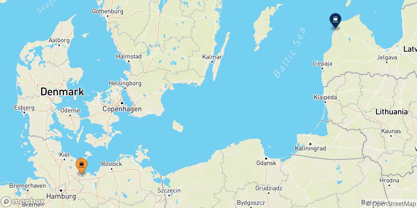 Carte des traversées possibles entre l'Allemagne et Ventspils