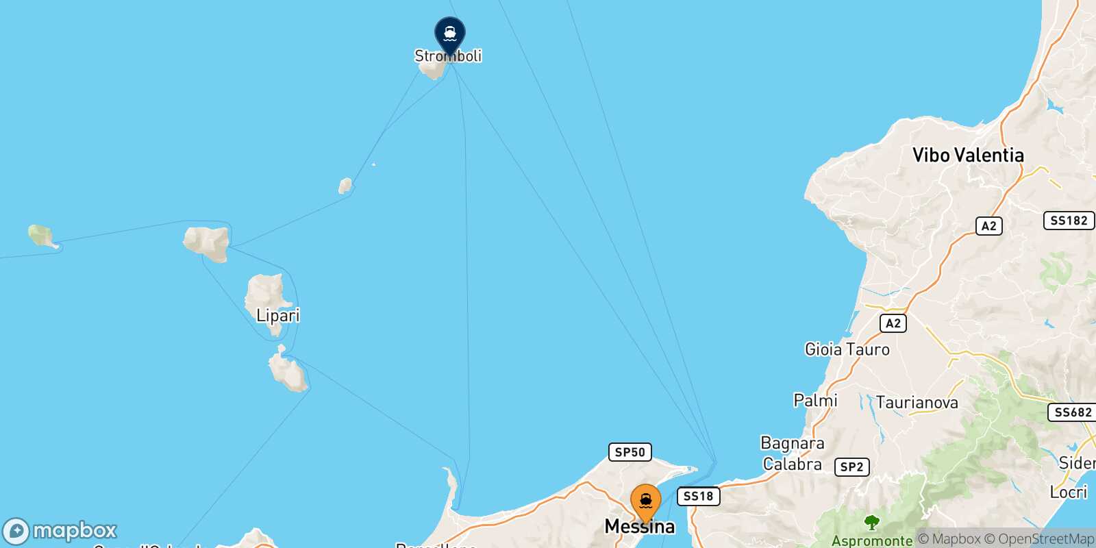 Carte des traverséesMessine Stromboli