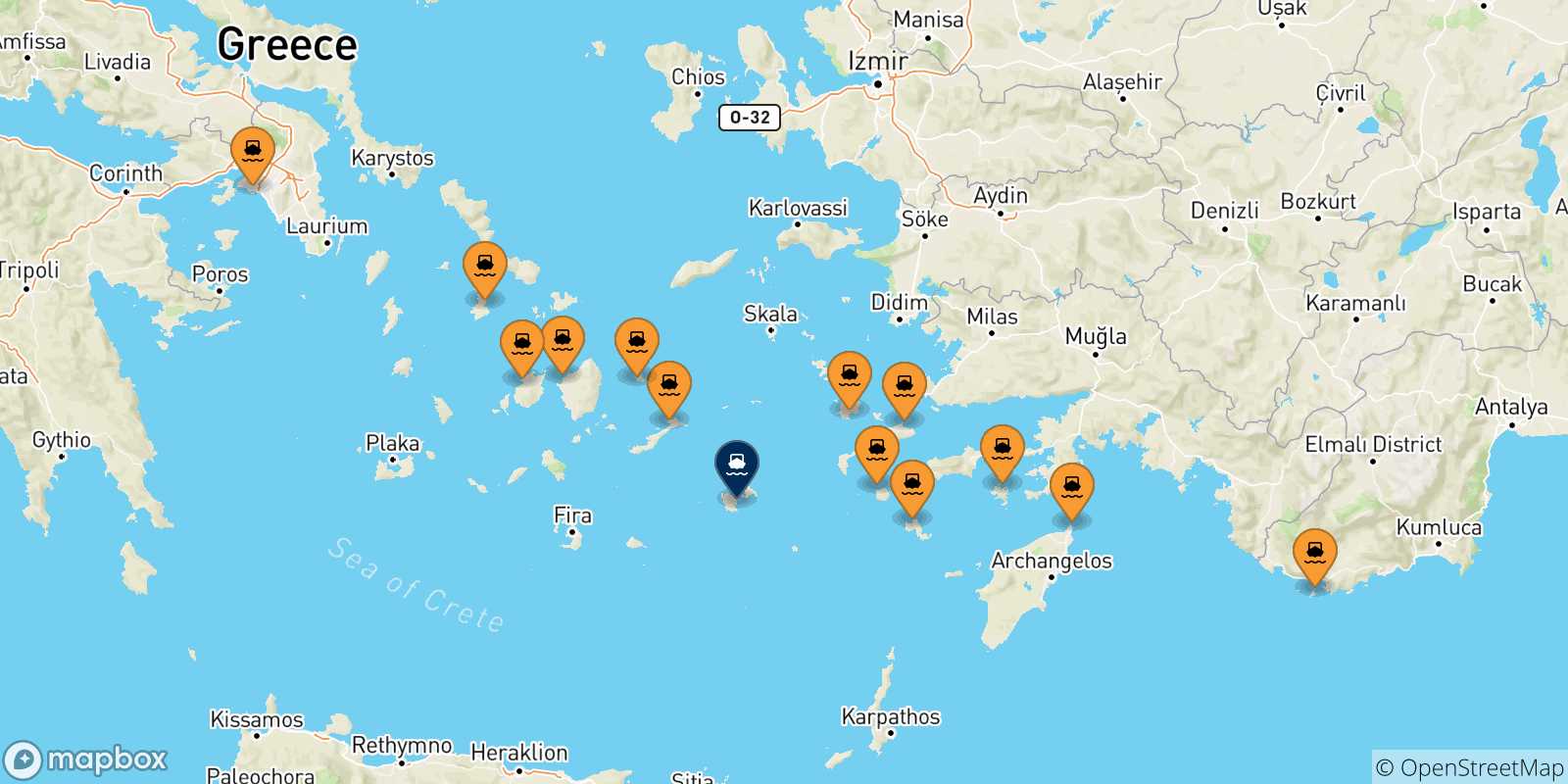Carte des traversées possibles entre la Grèce et Astypalea