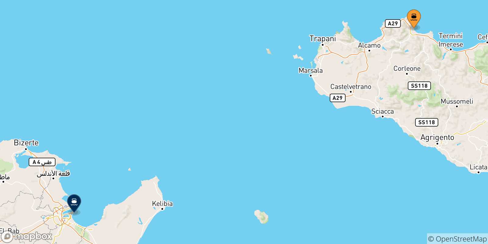 Carte des traversées possibles entre la Sicile et la Tunisie