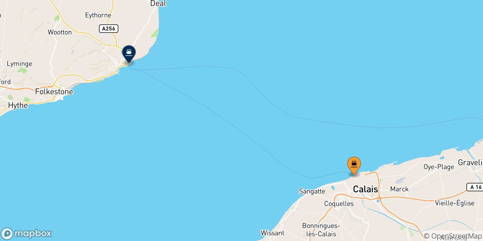 Carte des traversées possibles entre Calais et le Royaume-uni