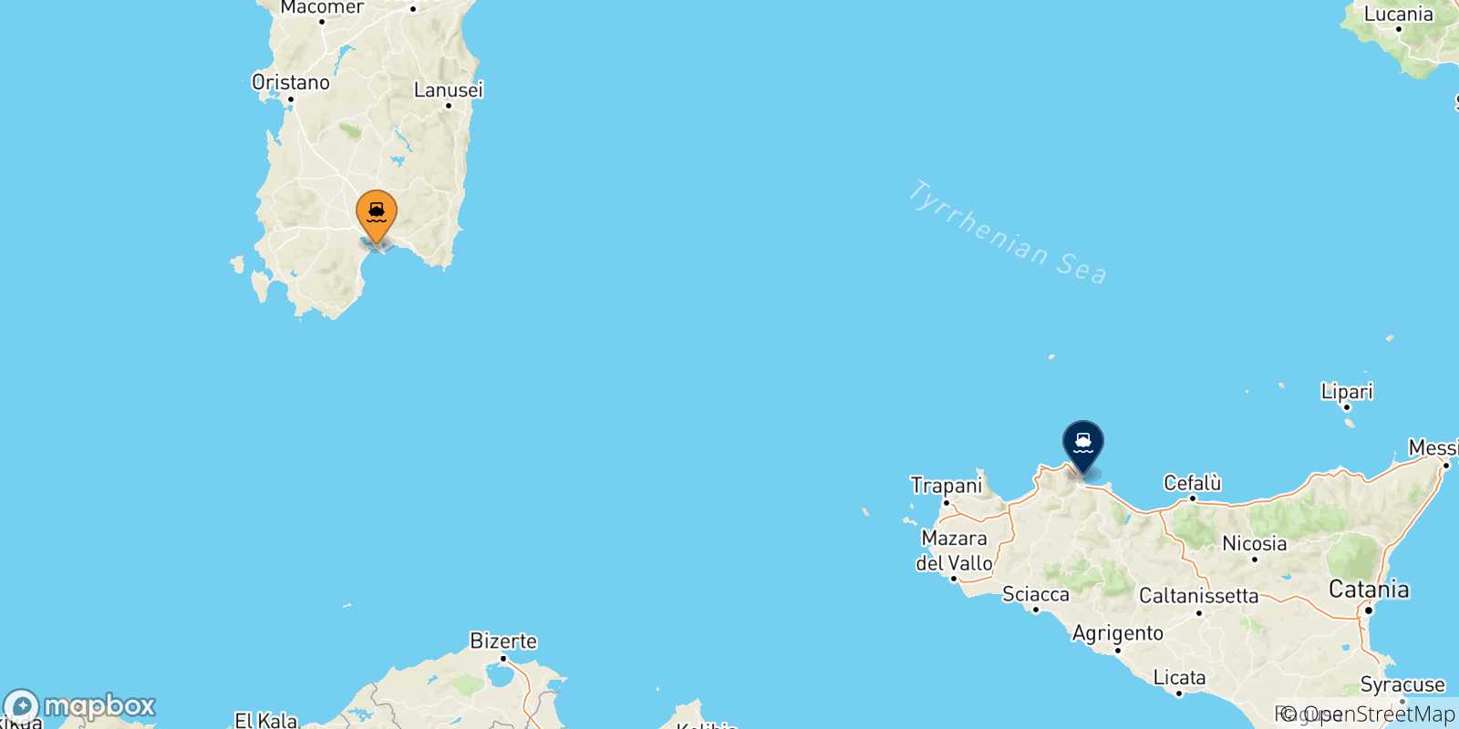 Carte des traversées possibles entre Cagliari et la Sicile