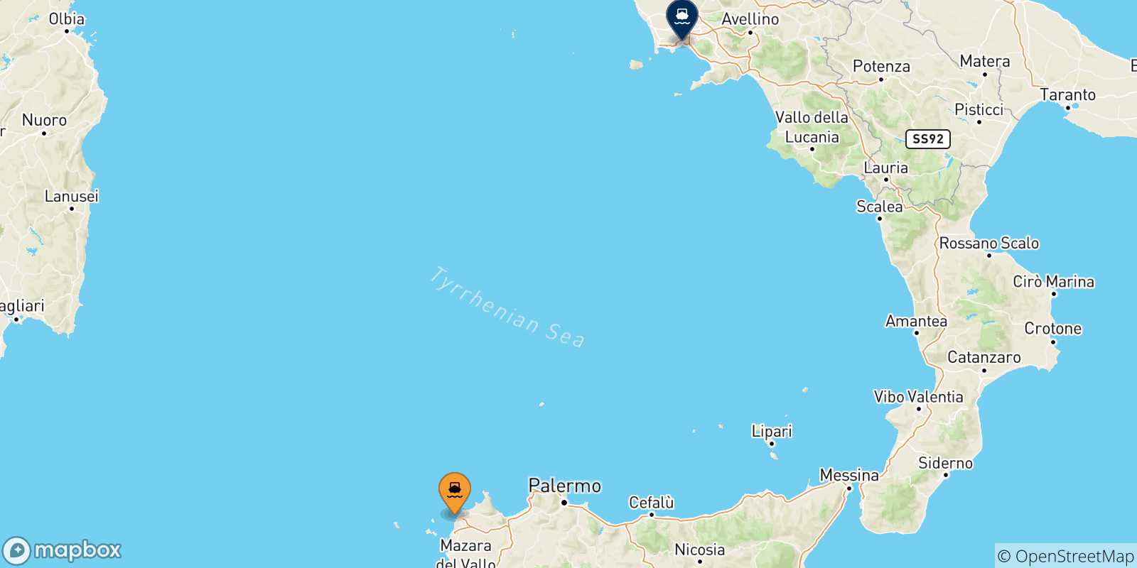 Carte des traversées possibles entre la Sicile et Naples Beverello