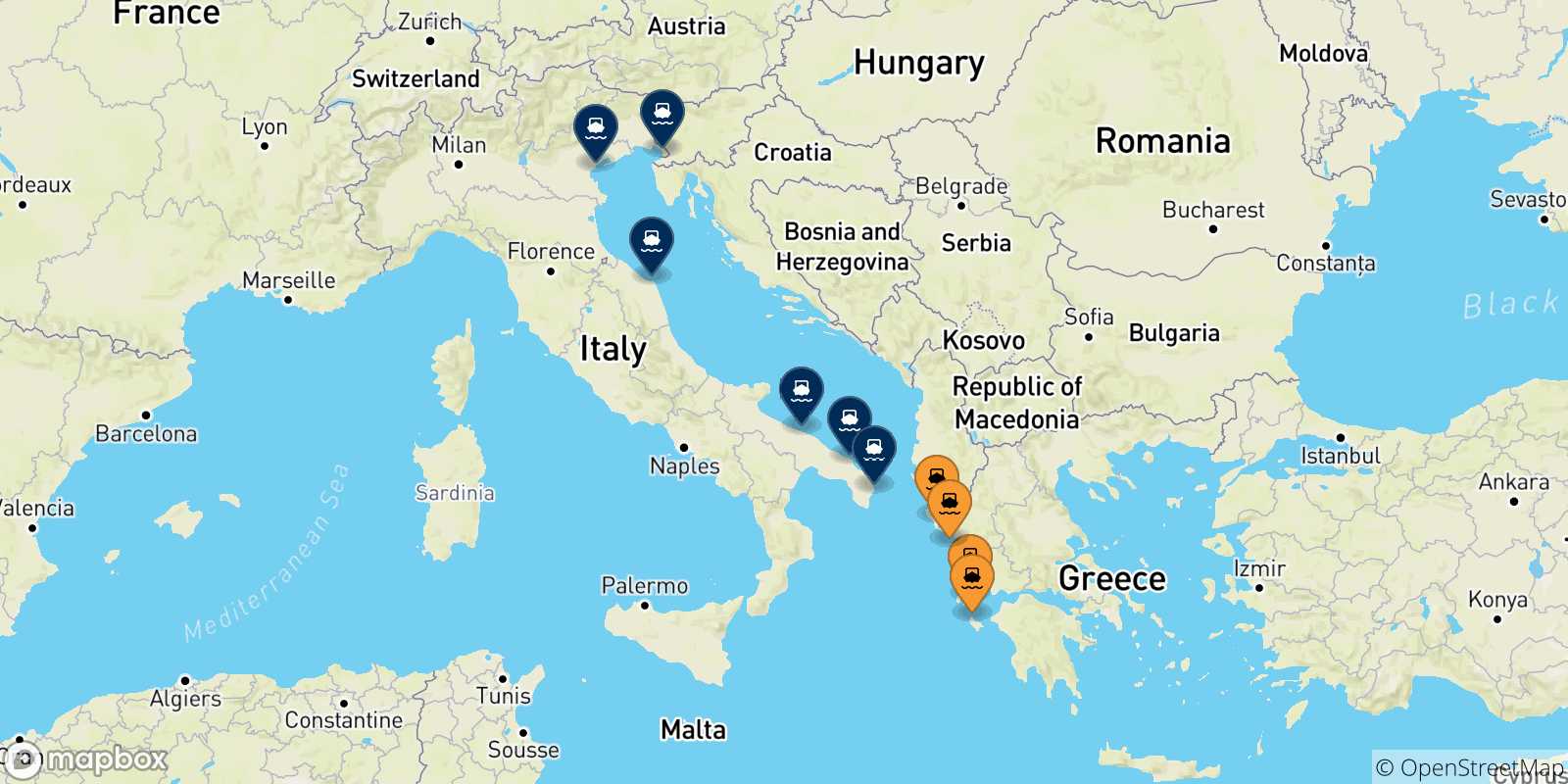 Carte des traversées possibles entre Îles Ioniennes et l'Italie