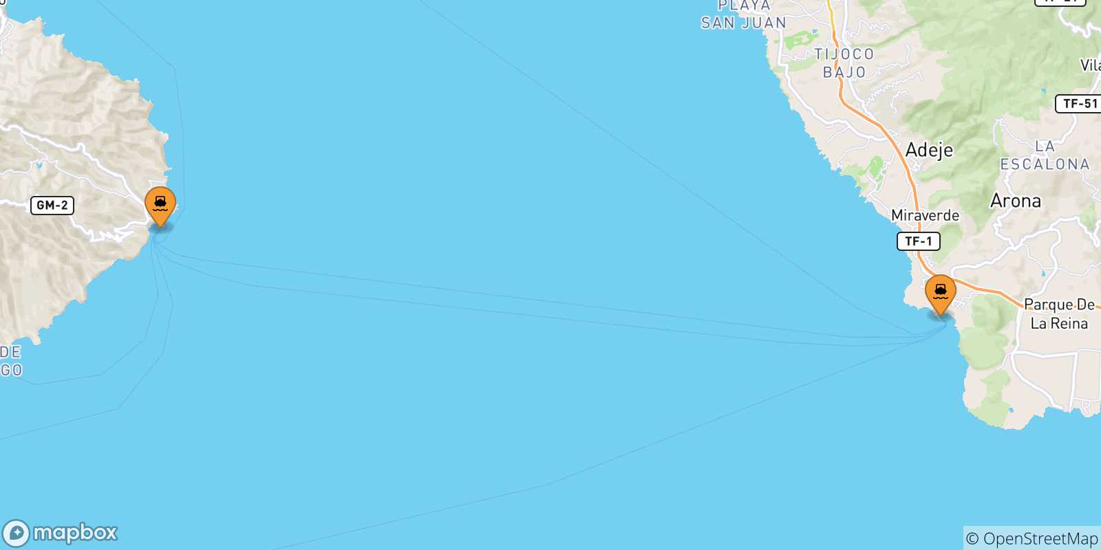 Carte des traversées possibles entre les Îles Canaries et Santa Cruz De La Palma