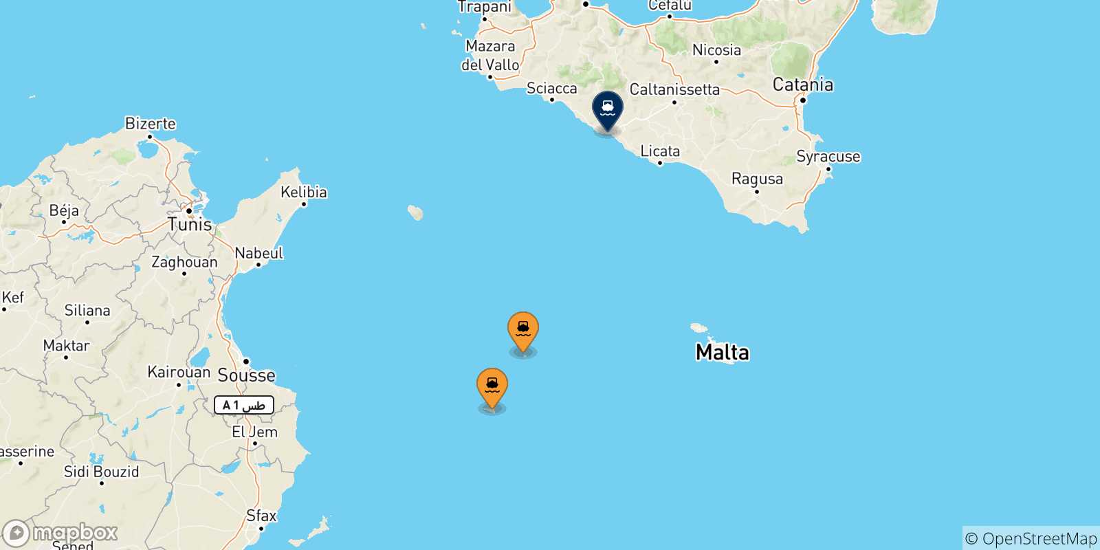 Carte des traversées possibles entre Îles Pélages et l'Italie