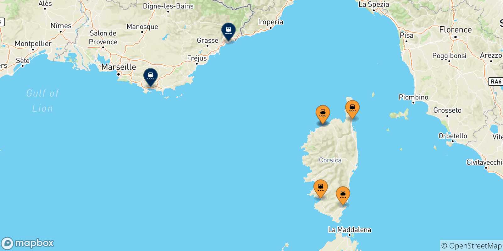 Carte des traversées possibles entre la Corse et la France