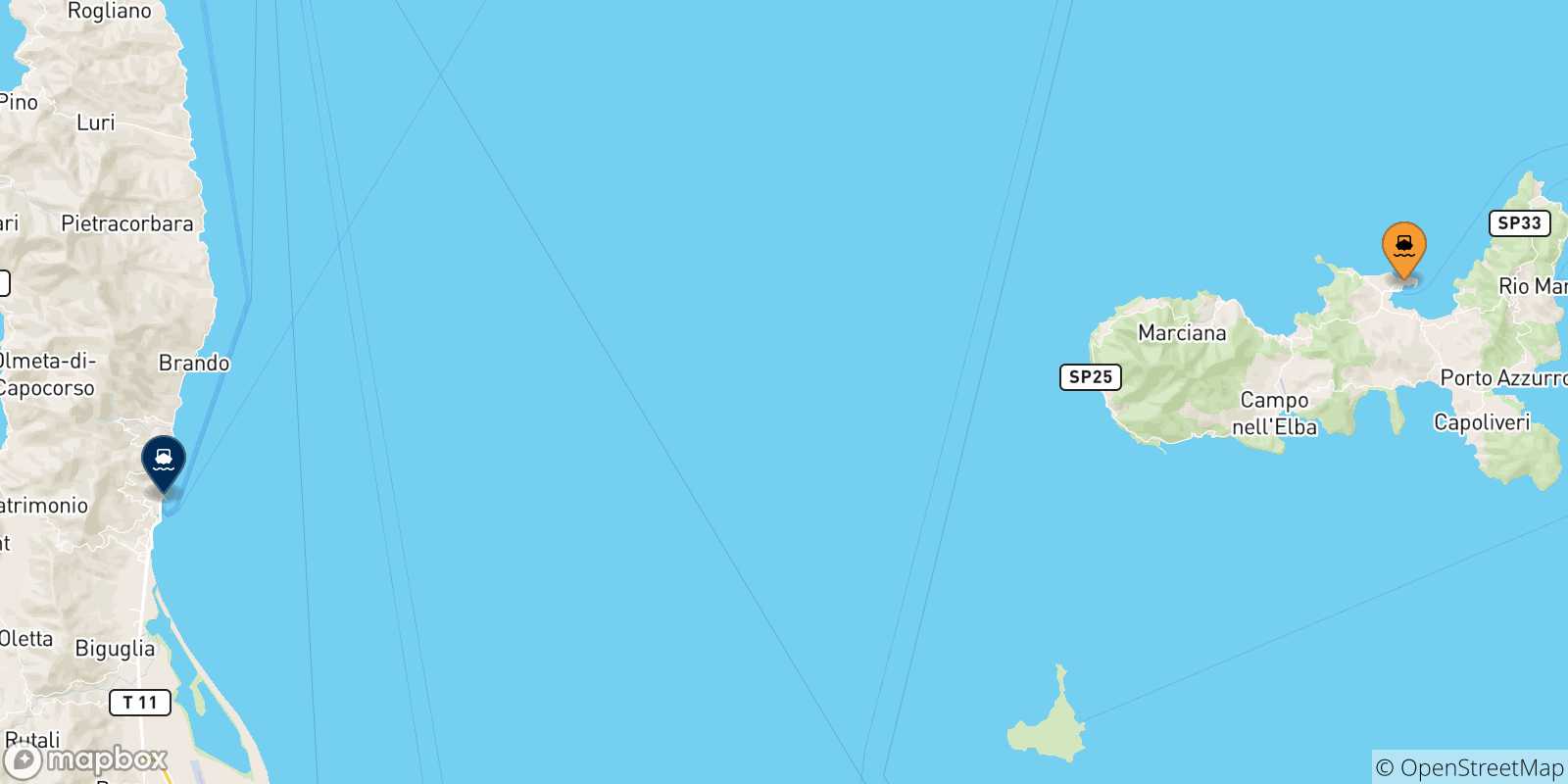 Carte des traversées possibles entre l'Île D'elbe et Bastia