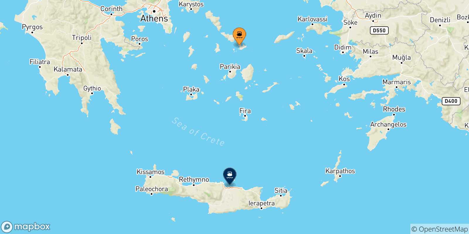 Carte des traversées possibles entre Mykonos et la Crète