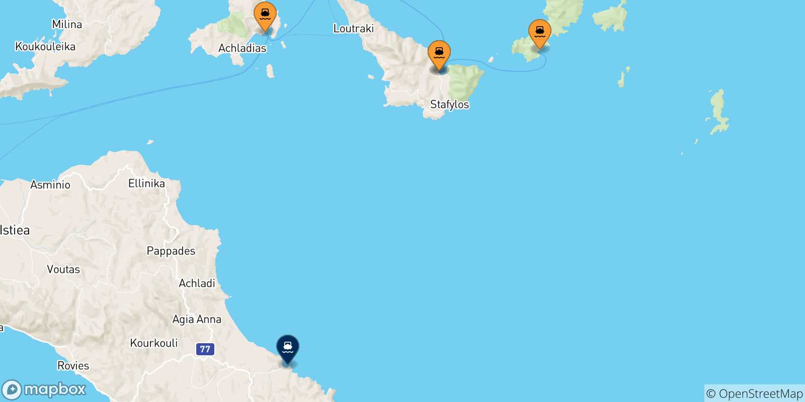 Carte des traversées possibles entre les Îles Sporades et Mantoudi (Evia)