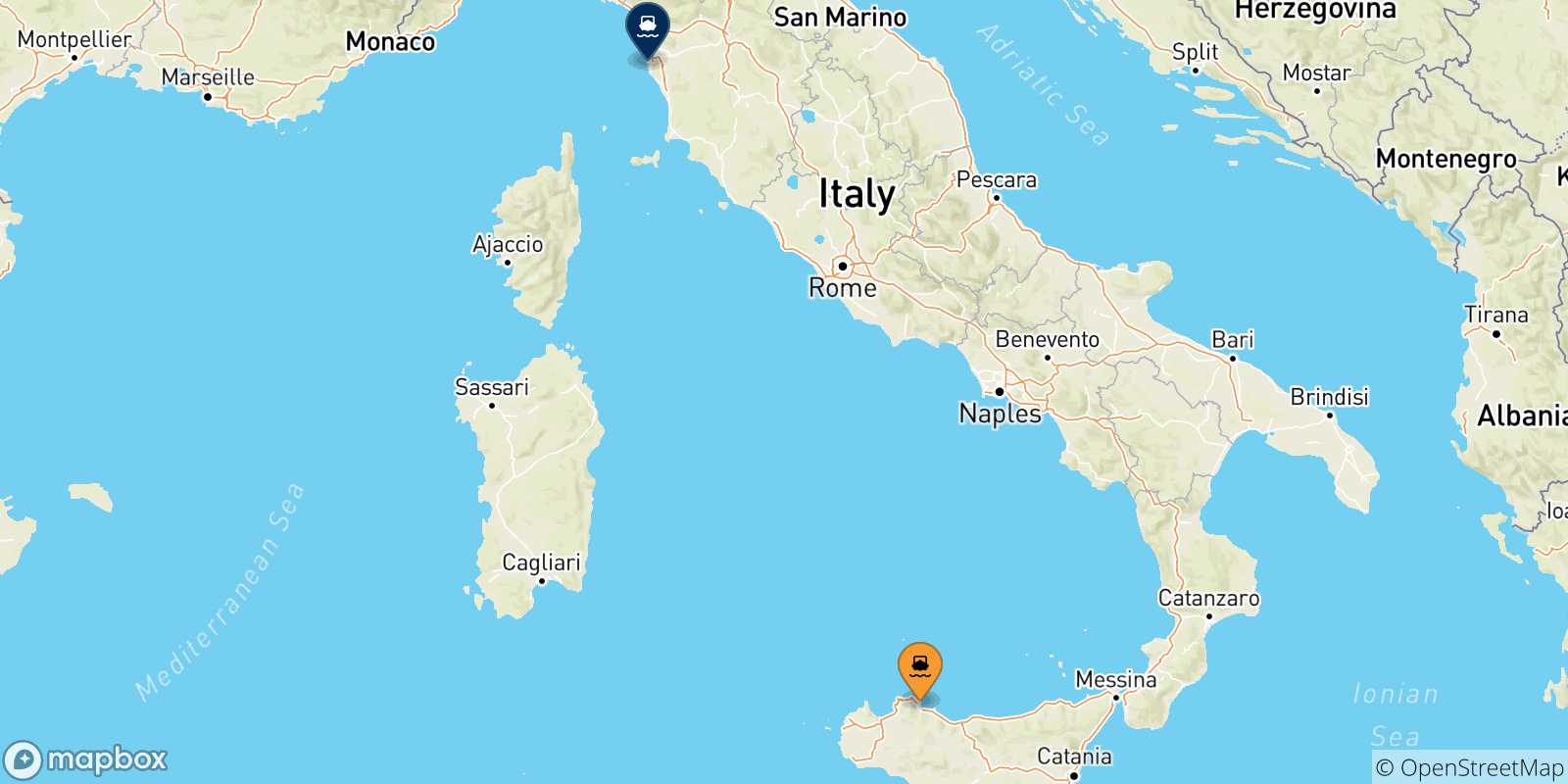 Carte des traversées possibles entre la Sicile et Livourne