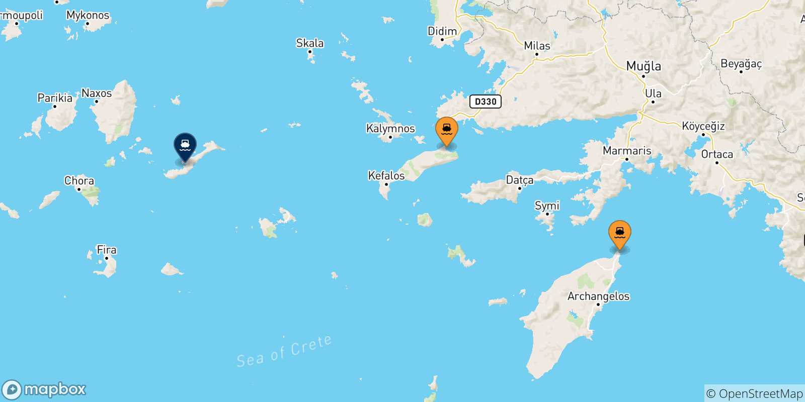 Carte des traversées possibles entre Îles Du Dodécanèse et Katapola (Amorgos)