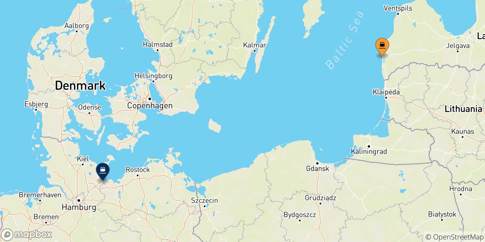 Carte des traversées possibles entre Liepaja et l'Allemagne