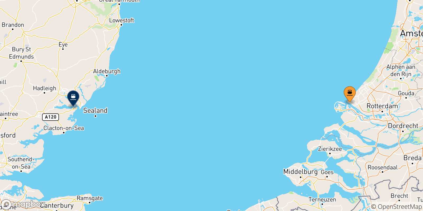 Carte des traversées possibles entre Hoek Van Holland et l'Angleterre