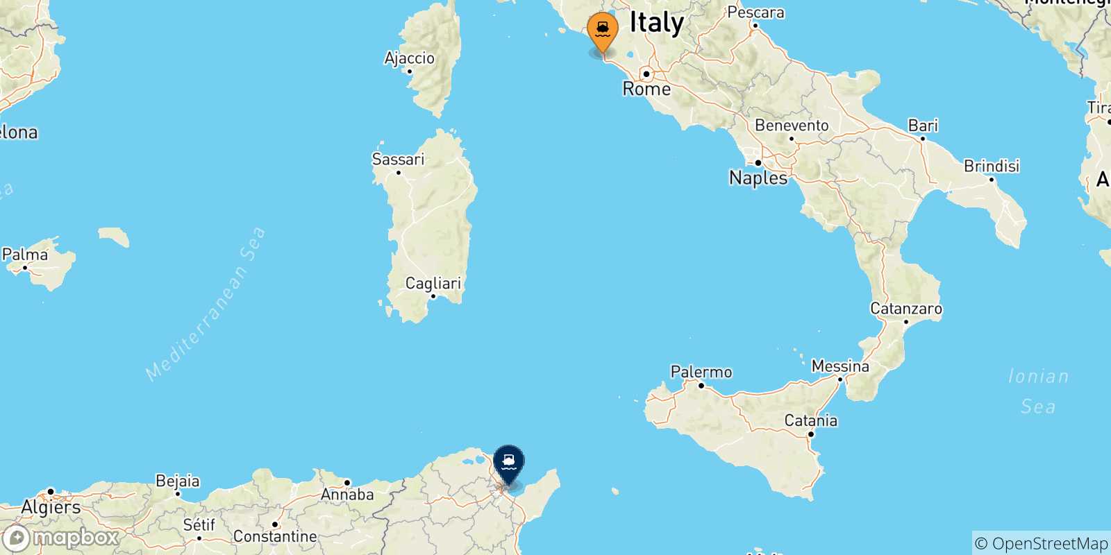 Carte des traversées possibles entre Civitavecchia et la Tunisie