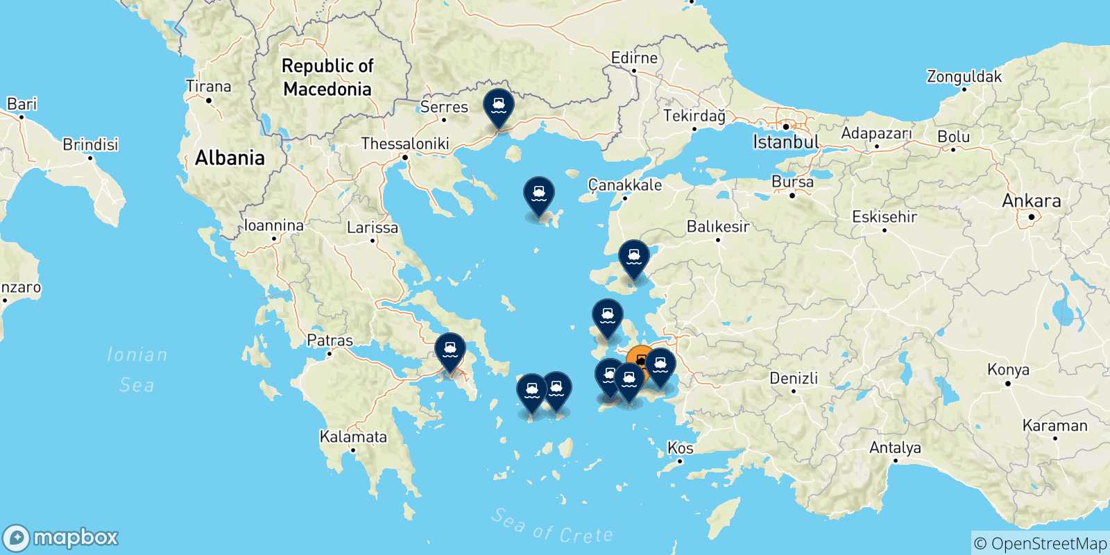 Carte des traversées possibles entre Karlovassi (Samos) et la Grèce