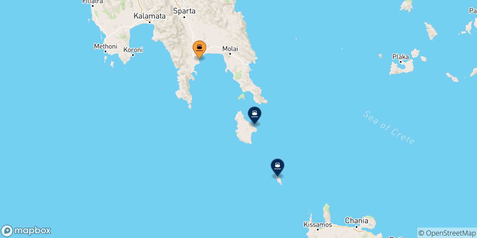 Carte des traversées possibles entre Gythio et Îles Ioniennes