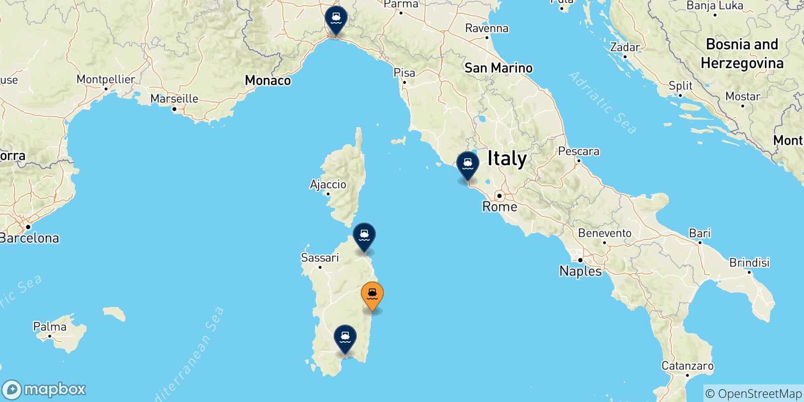 Carte des traversées possibles entre Arbatax et l'Italie