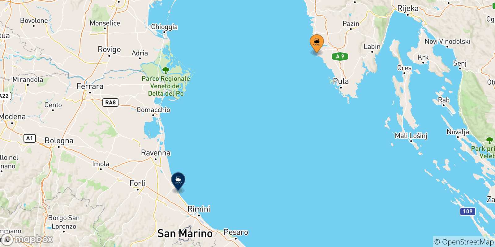 Carte des traversées possibles entre Rovinj et l'Italie