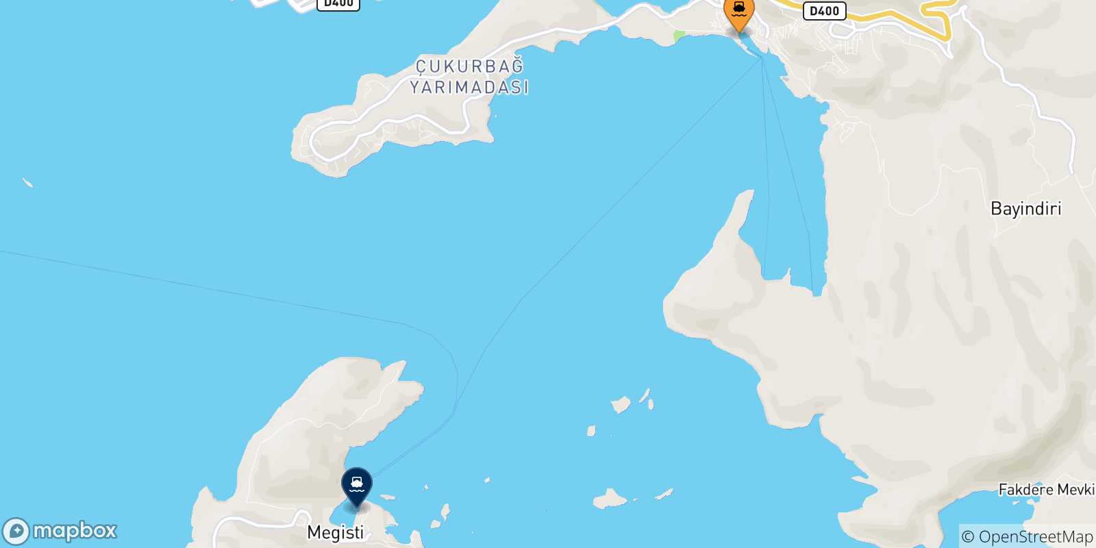 Carte des traversées possibles entre Kas et Îles Du Dodécanèse