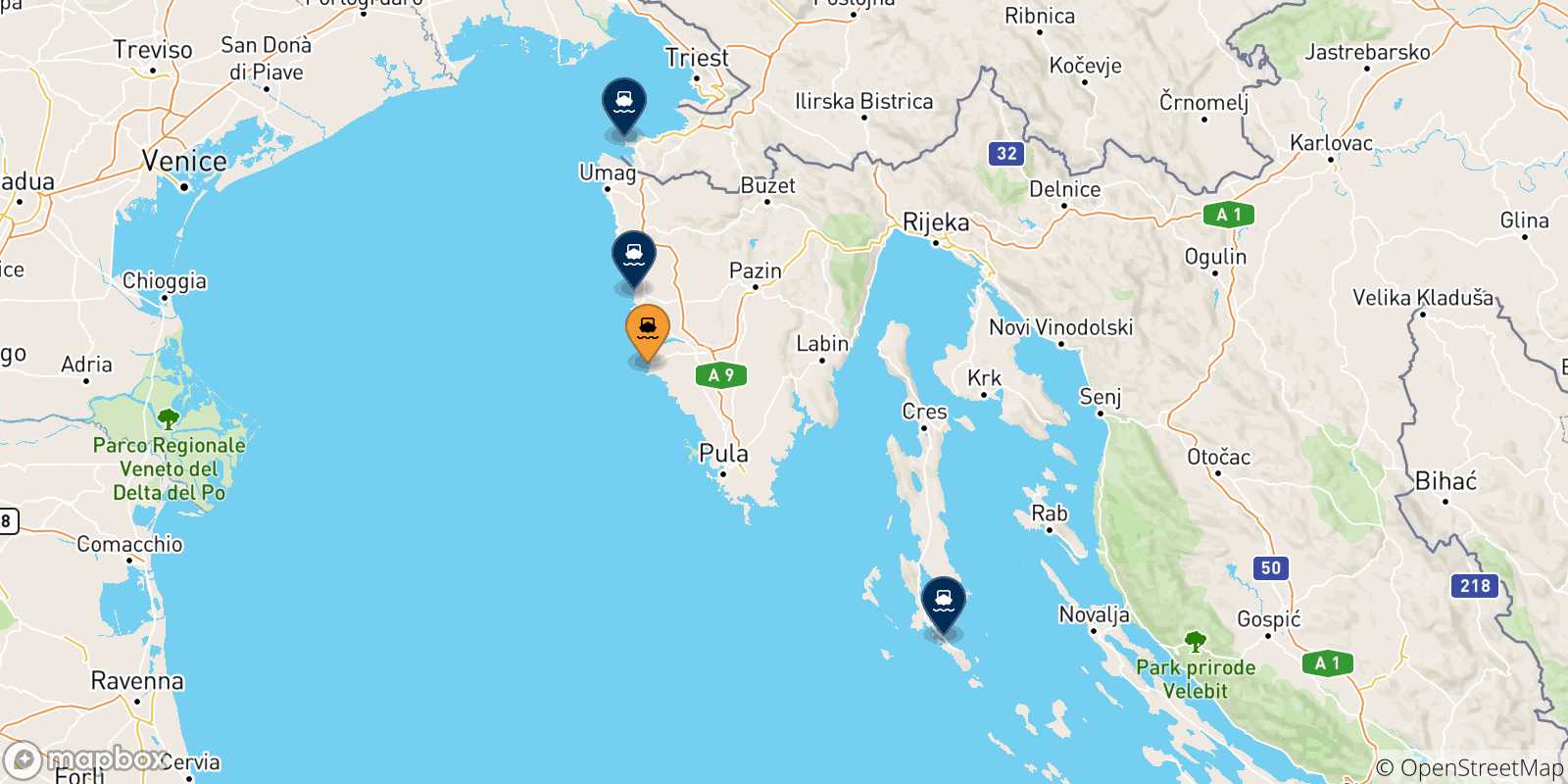 Carte des traversées possibles entre Rovinj et la Croatie