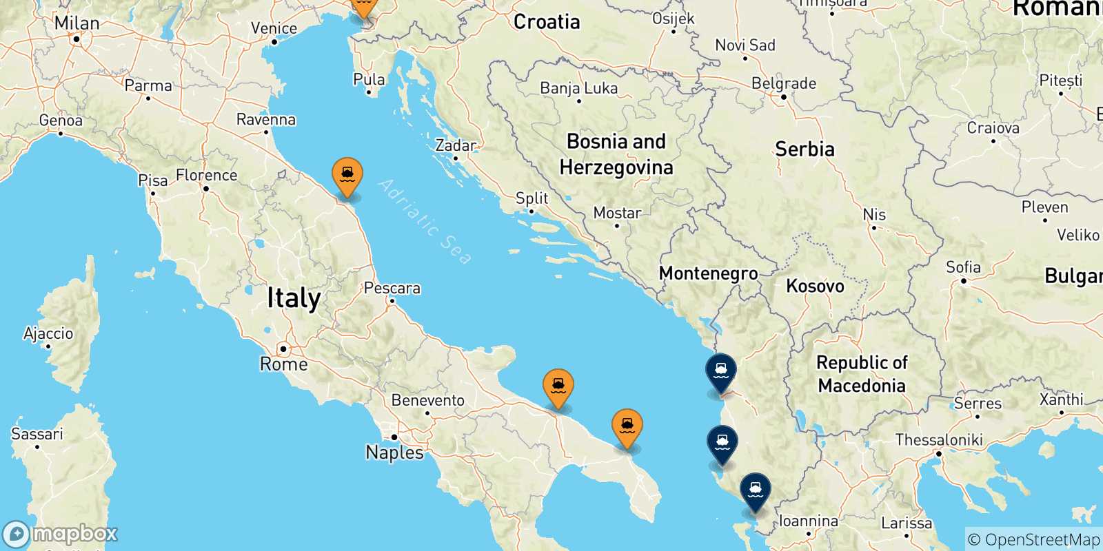 Carte des traversées possibles entre l'Italie et l'Albanie