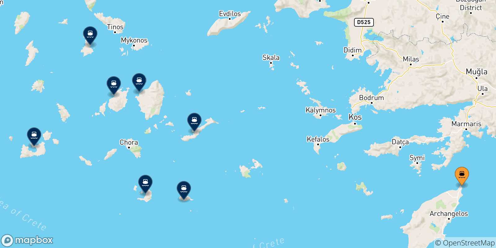 Carte des traversées possibles entre Rhodes et Îles Des Cyclades