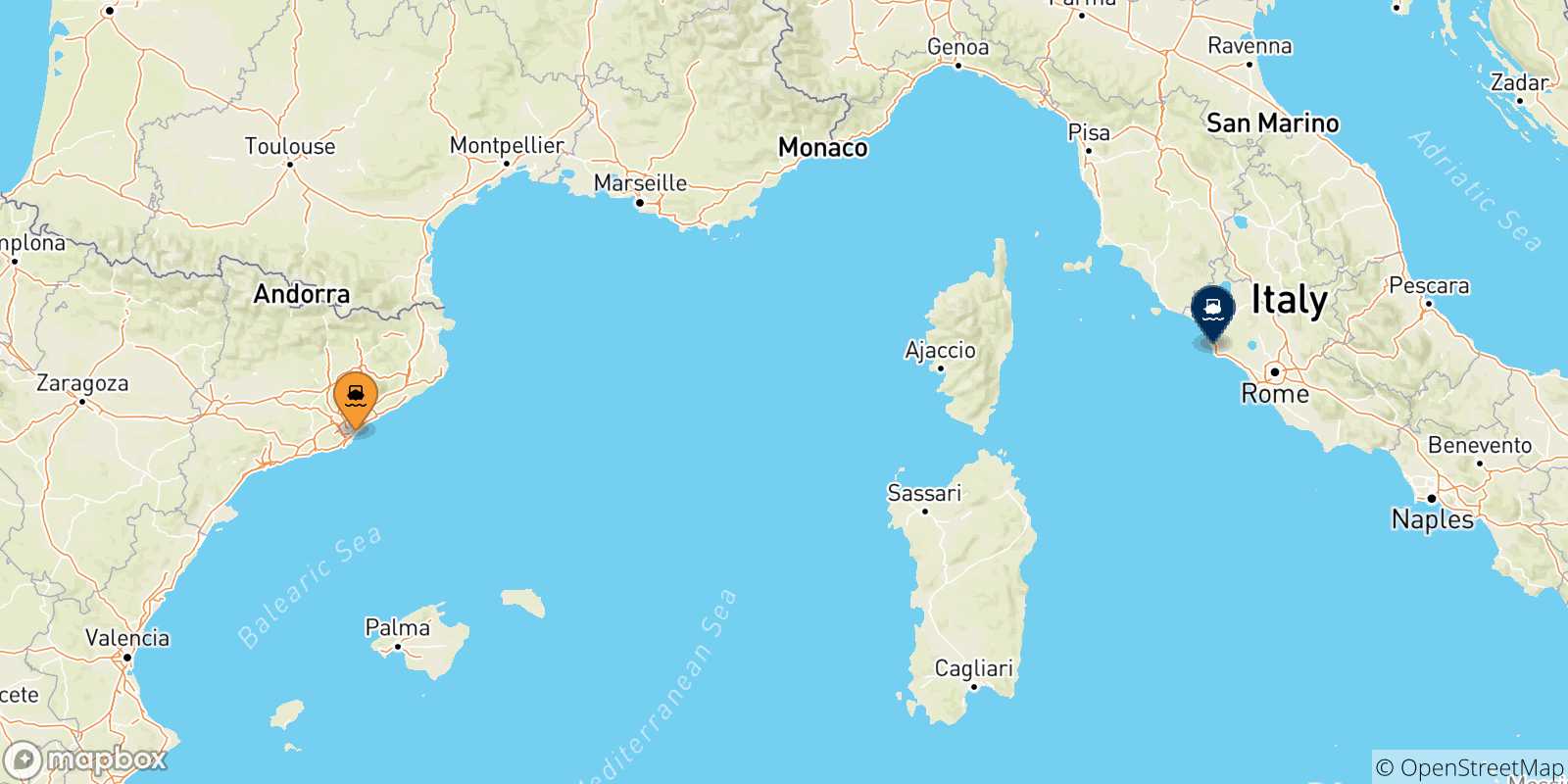 Carte des traversées possibles entre l'Espagne et Civitavecchia