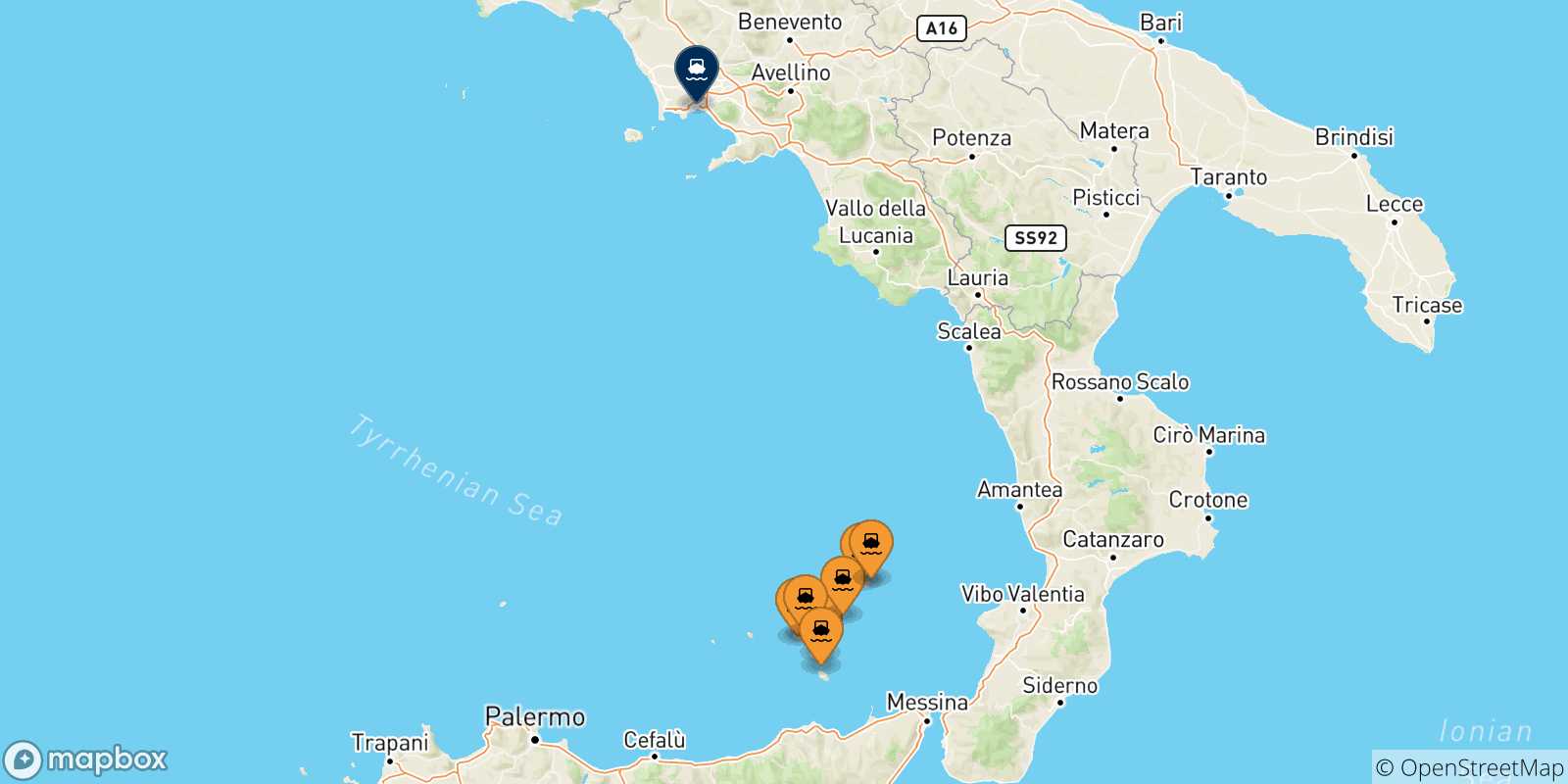 Carte des traversées possibles entre les Îles Éoliennes et Naples