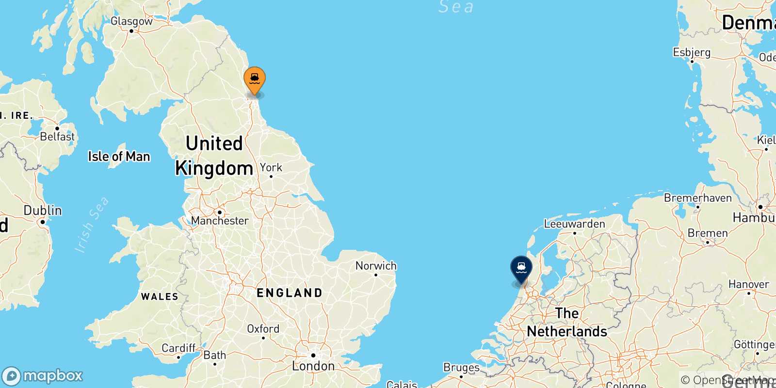 Carte des traversées possibles entre Newcastle et les Pays-bas
