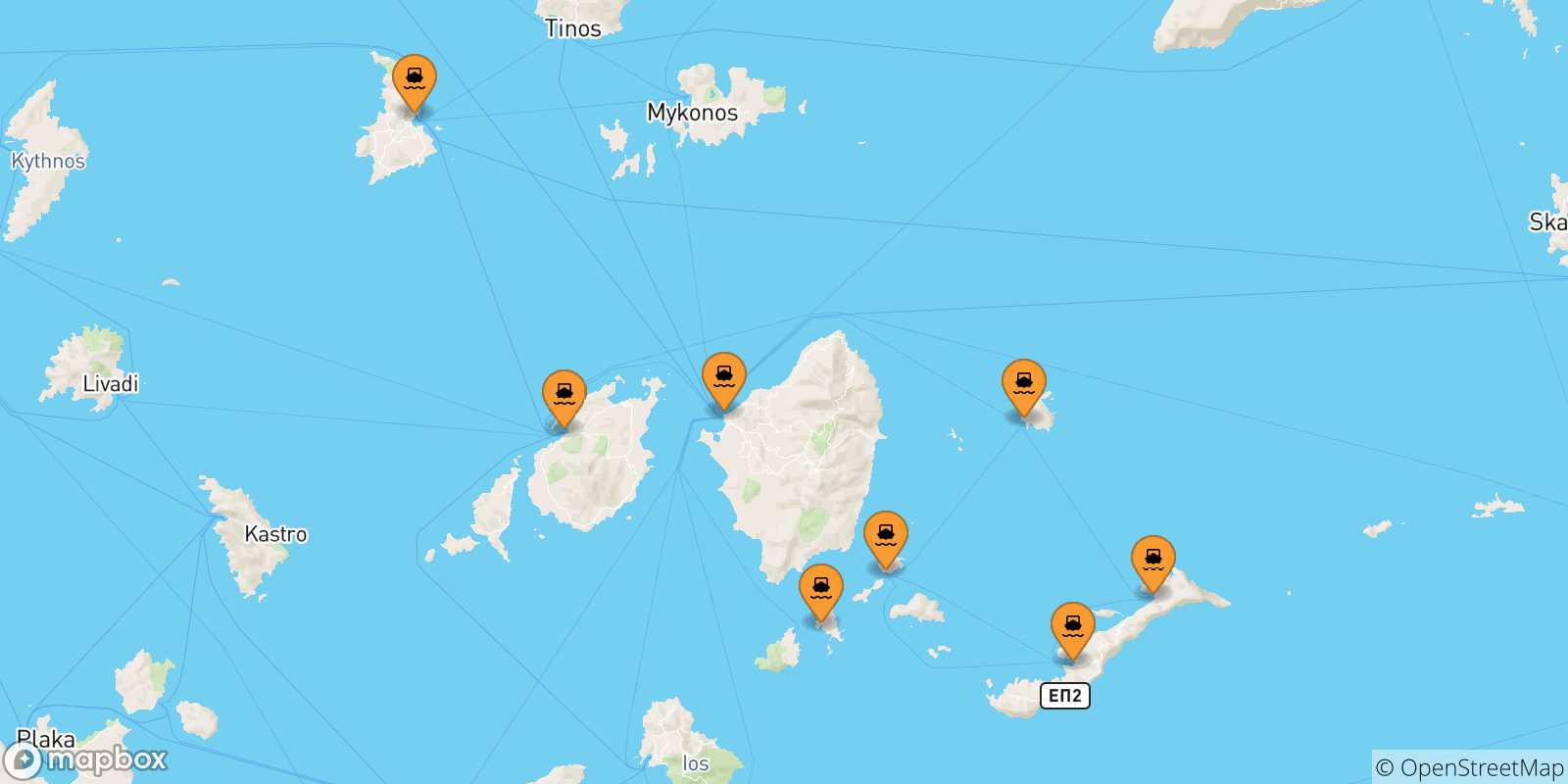 Carte des traversées possibles entre Îles Des Cyclades et Iraklia