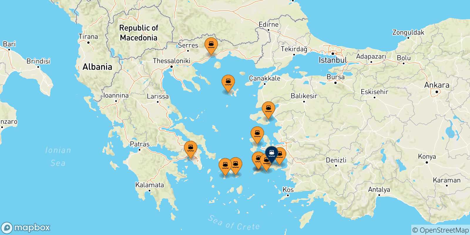 Carte des traversées possibles entre la Grèce et Karlovassi (Samos)