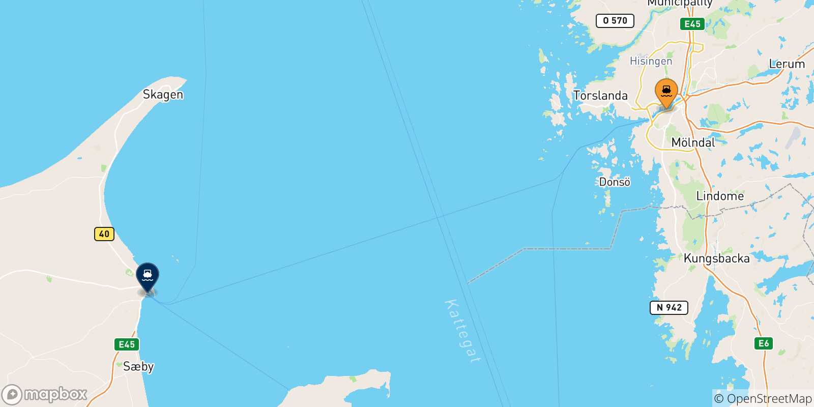 Carte des traversées possibles entre la Suède et Frederikshavn