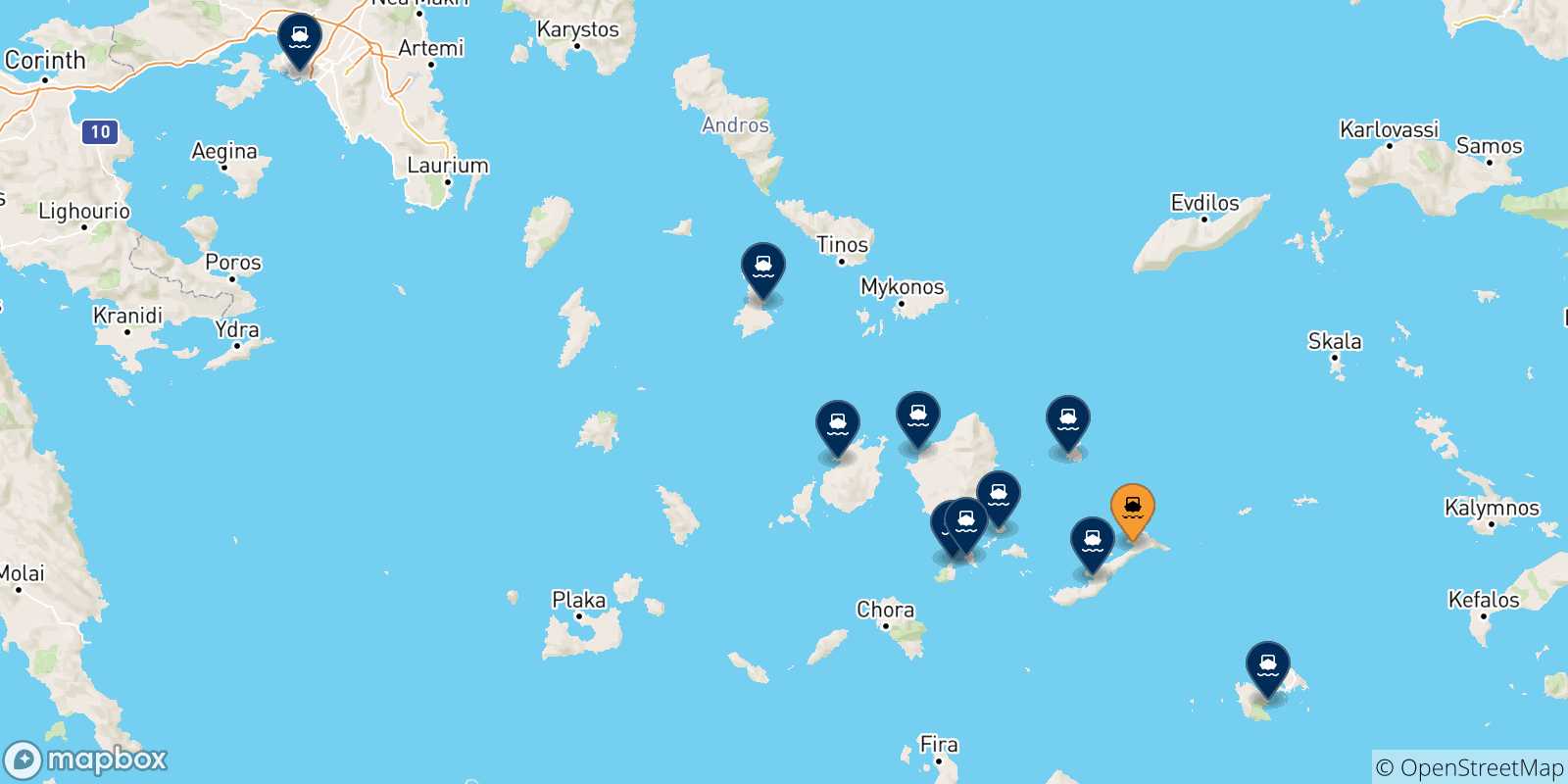 Carte des traversées possibles entre Aegiali (Amorgos) et la Grèce