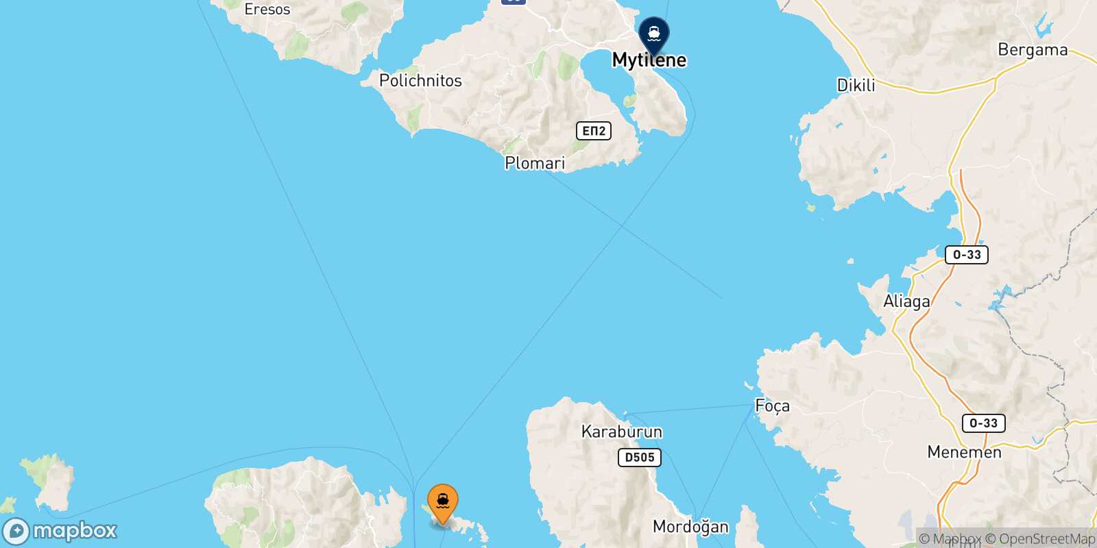 Carte des traverséesInousses Mytilene (Lesvos)