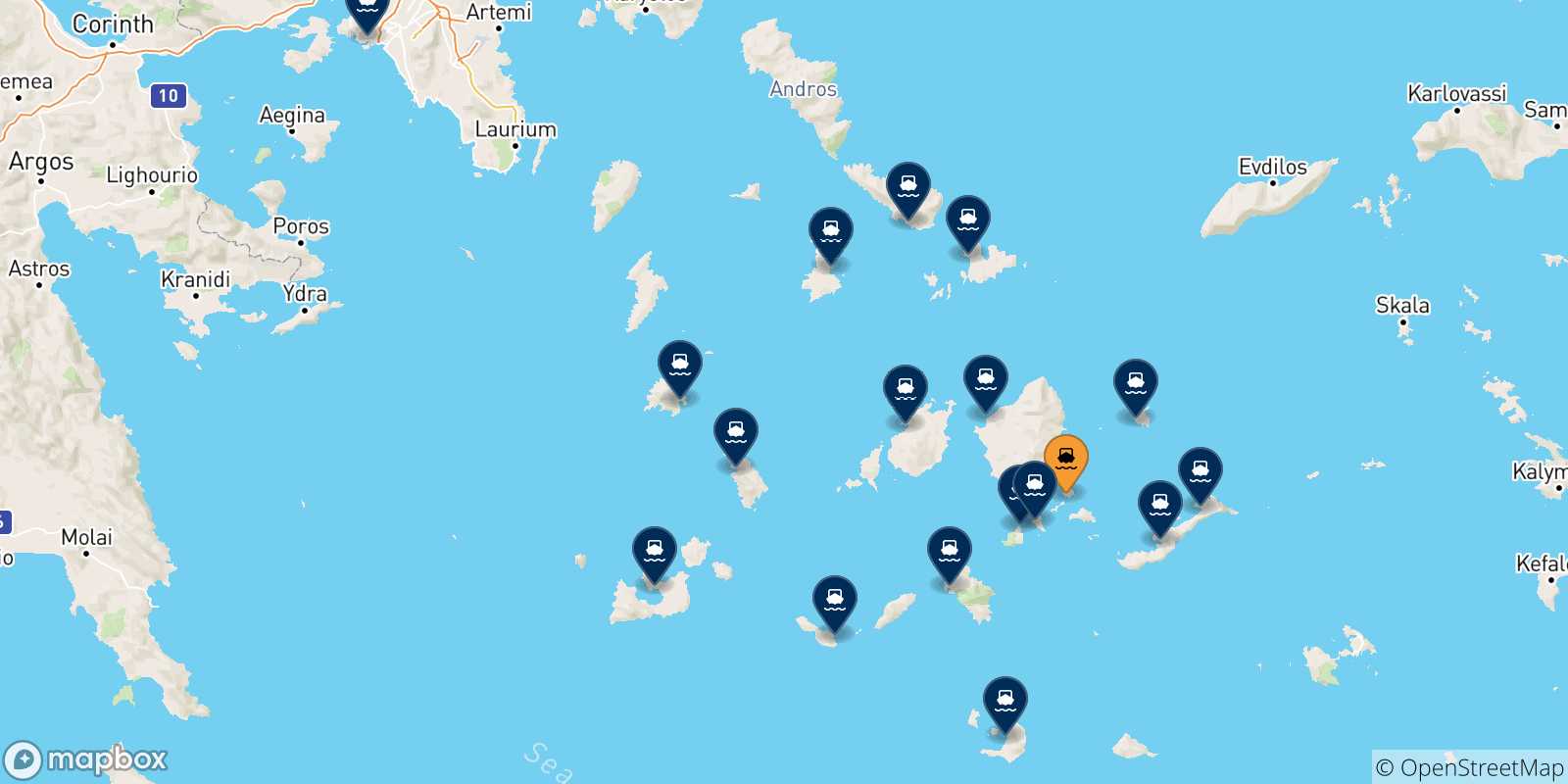 Carte des traversées possibles entre Koufonissi et la Grèce