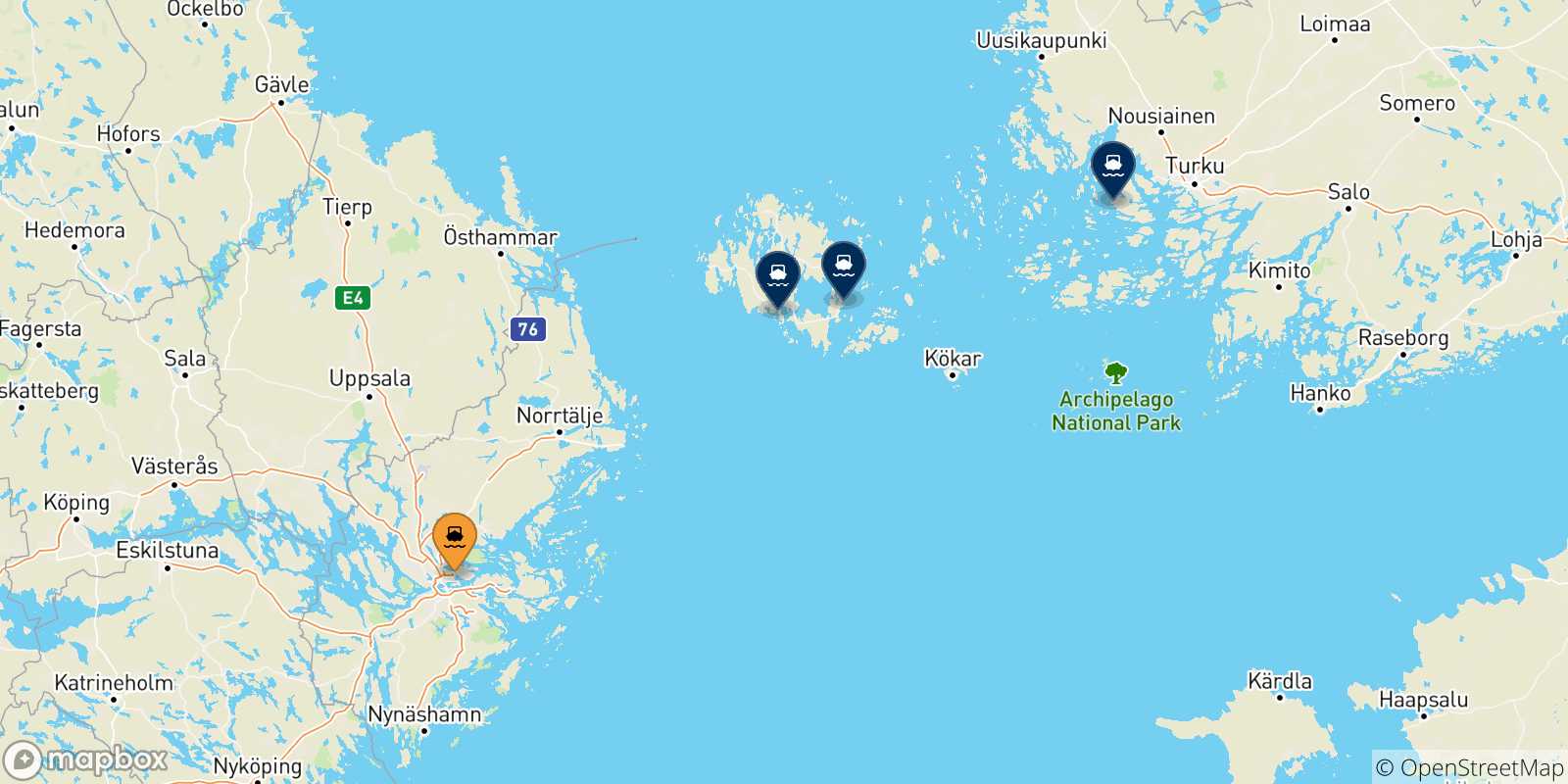 Carte des traversées possibles entre Stockholm et la Finlande