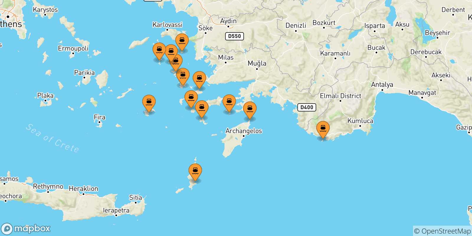 Carte des traversées possibles entre Îles Du Dodécanèse et Symi