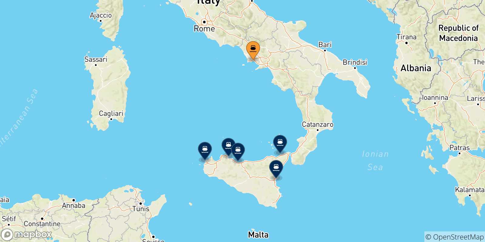 Carte des traversées possibles entre Naples et la Sicile
