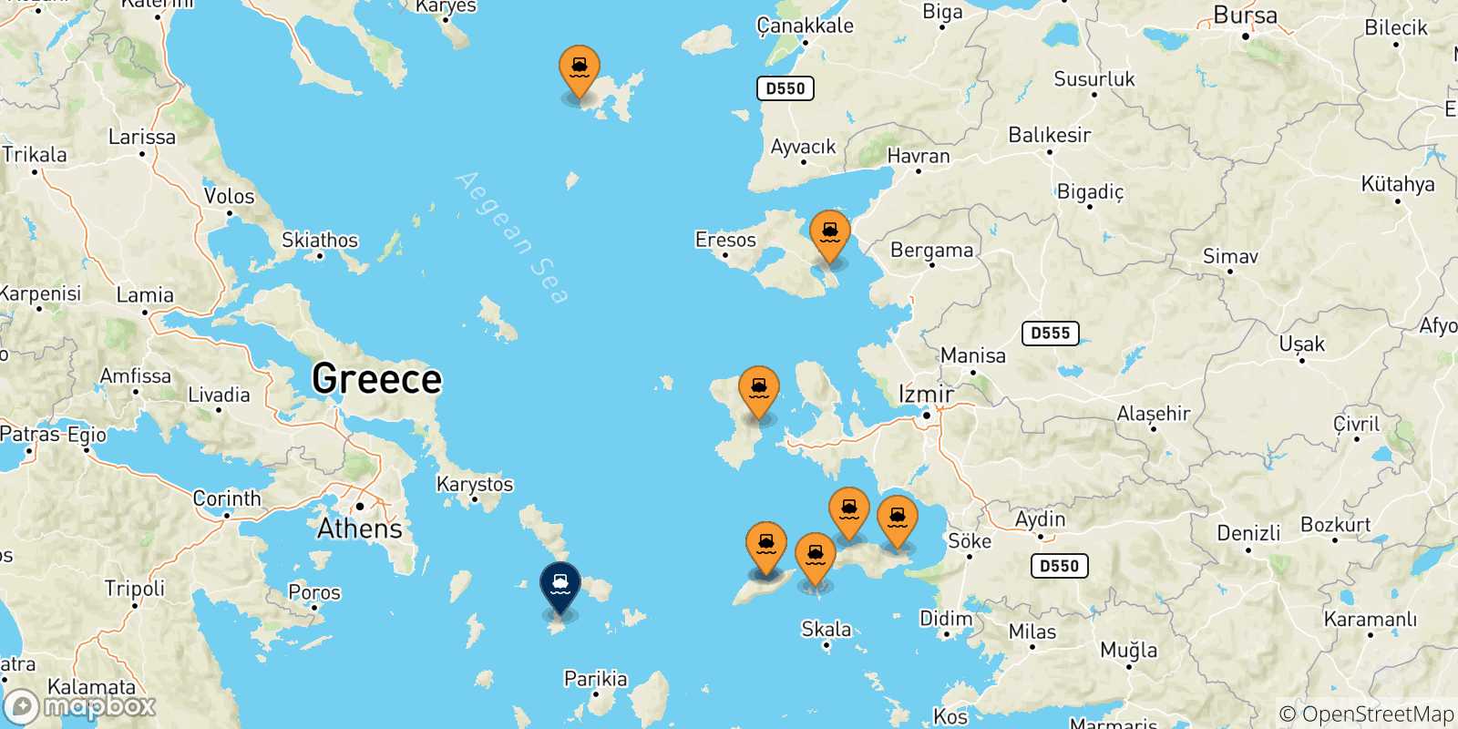 Carte des traversées possibles entre les Îles Égéennes et Syros