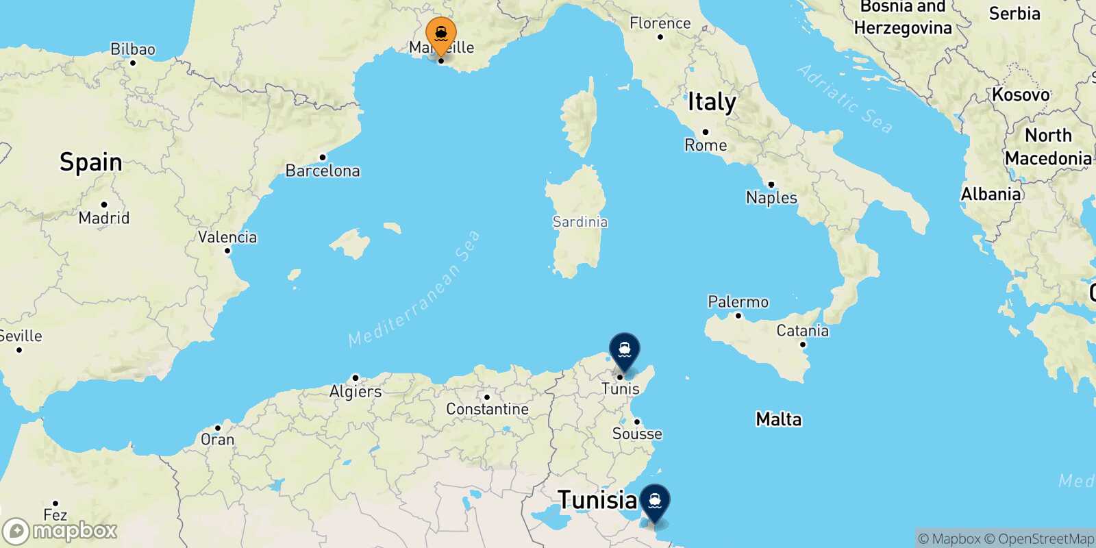 Carte des destinations de Marseille